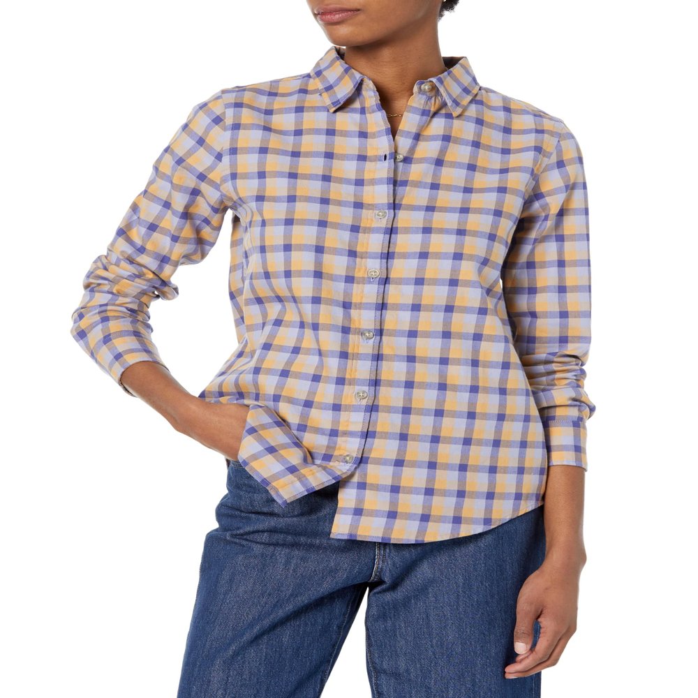 Amazon Essentials Women's Regular-Fit Long-Sleeve Lightweight Plaid Flannel Shirt, Light Camel Plaid, XX-Large
