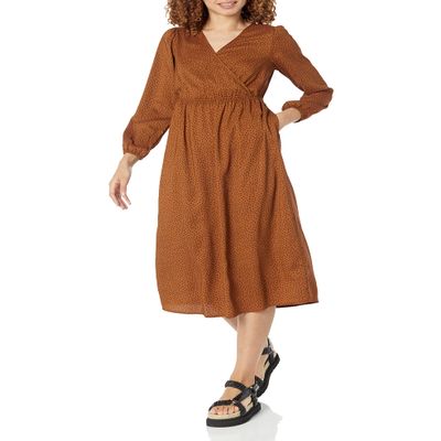 Amazon Essentials Women's Lightweight Georgette Long Sleeve V-Neck Midi Dress (Available in Plus Size), Dark Chestnut Brown Diamond, X-Large