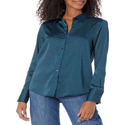 Amazon Essentials Women's Classic-Fit Satin Button Down Blouse, Dark Navy, Diamond, Medium