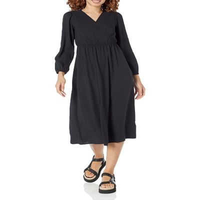 Amazon Essentials Women's Lightweight Georgette Long Sleeve V-Neck Midi Dress (Available in Plus Size), Black, Large
