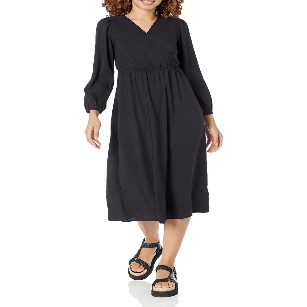 Amazon Essentials Women's Lightweight Georgette Long Sleeve V-Neck Midi Dress (Available in Plus Size), Black, Large