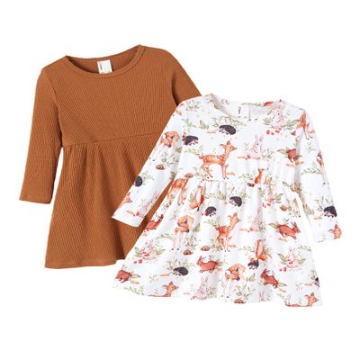 2 Packs Toddler Girls Longsleeve Crewneck Floral Dresses Forest Animals Longsleeve Dresses 3-4 Years