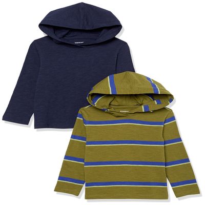 Amazon Essentials Toddler Boys' Lightweight Long-Sleeve Hooded T-Shirt, Pack of 2, Dark Navy/Green Stripe, 2T