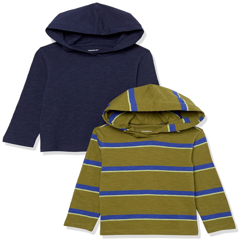 Amazon Essentials Toddler Boys' Lightweight Long-Sleeve Hooded T-Shirt, Pack of 2, Dark Navy/Green Stripe, 2T