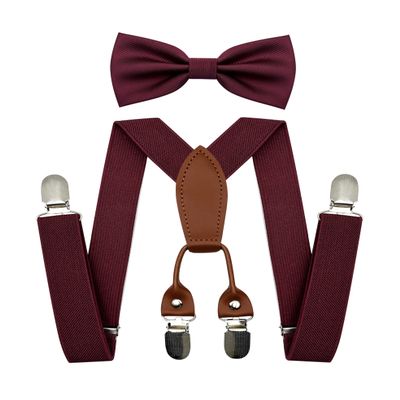 BEWDIO Adjustable Suspenders and Bow Tie Set for Boys, Burgundy Bowtie and Elastic Suspenders with 4 Strong Metal Clips (4-02-1)