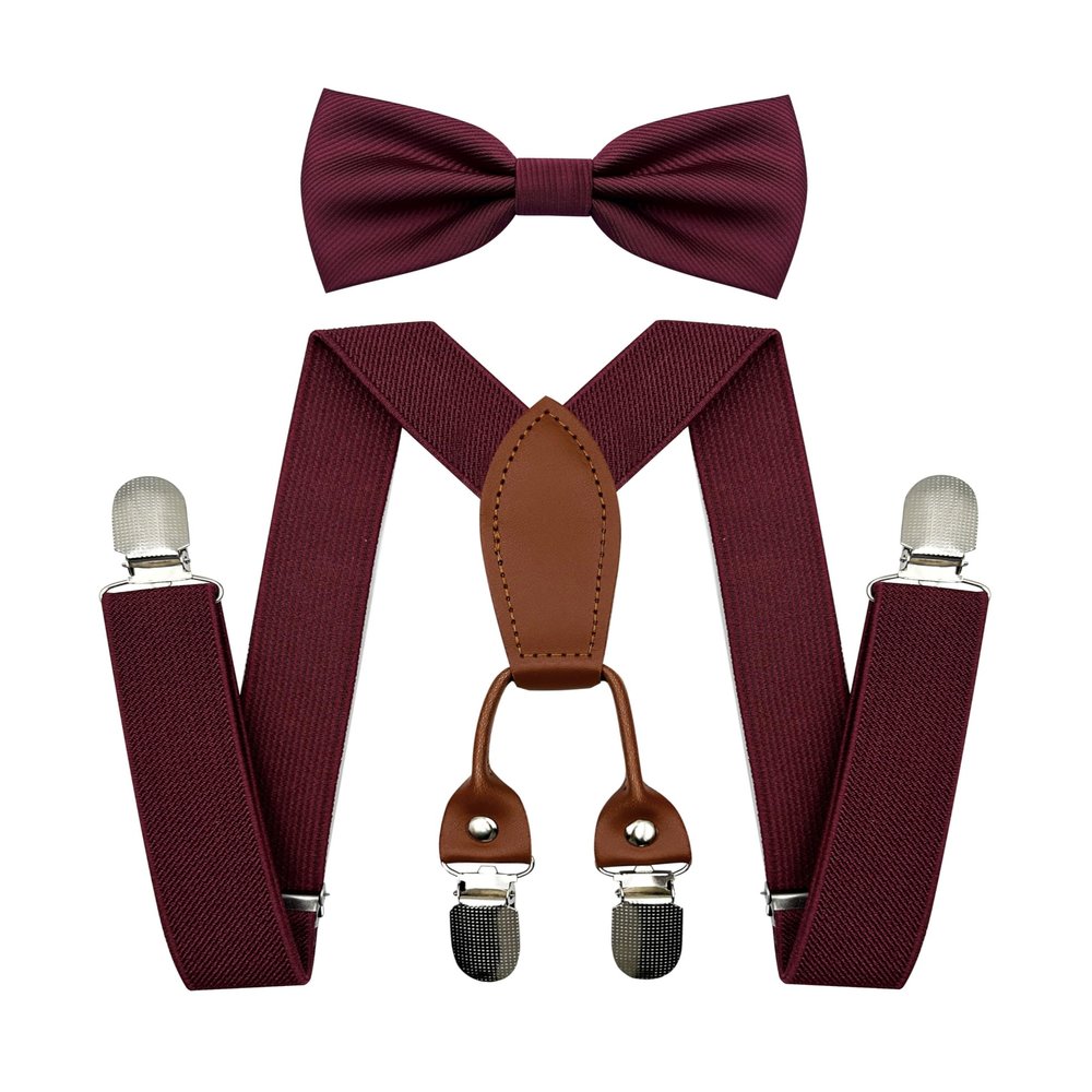 BEWDIO Adjustable Suspenders and Bow Tie Set for Boys, Burgundy Bowtie and Elastic Suspenders with 4 Strong Metal Clips (4-02-1)