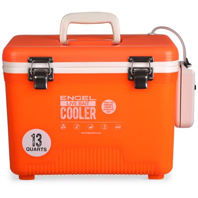Engel 13qt Live Bait Cooler Box with 2nd Gen 2-Speed Aerator Pump - Portable Fishing Station & Minnow Bucket for Shrimp & Other Live Fish with Aerator - ENGLBC13-N-OHV in Orange High-Visibility