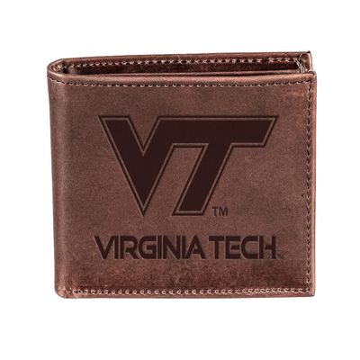 Team Sports America NCAA Virginia Tech University Brown Wallet | Bi-Fold | Officially Licensed Stamped Logo | Made of Leather | Money and Card Organizer | Gift Box Included