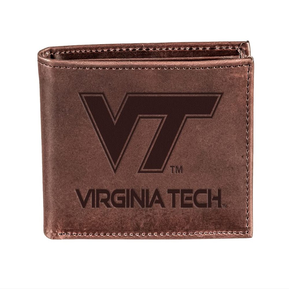 Team Sports America NCAA Virginia Tech University Brown Wallet | Bi-Fold | Officially Licensed Stamped Logo | Made of Leather | Money and Card Organizer | Gift Box Included
