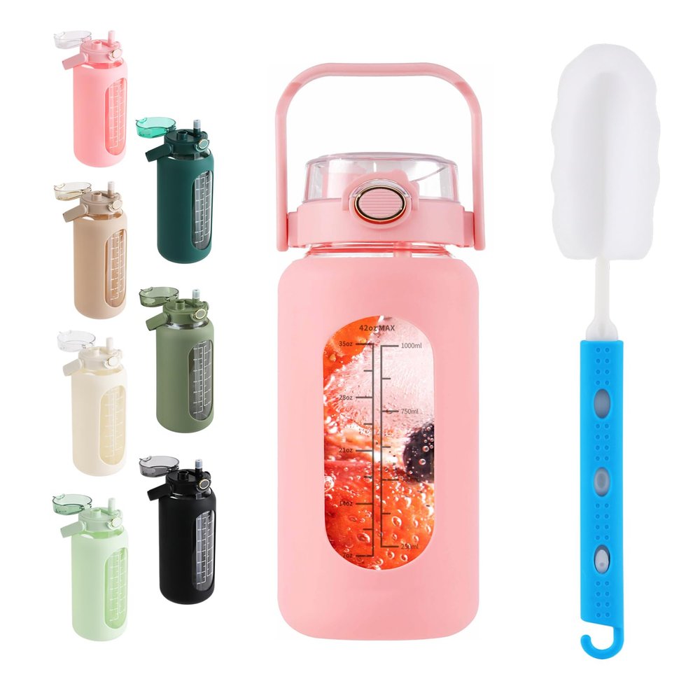 42 oz Glass Water Bottle with 2-in-1 Straw Lid Large Half Gallon Water Bottle with Time Marker & Removable Silicone Sleeve,Wide Mouth BPA-Free Borosilicate Bottle for Gym, Workout & Daily Use