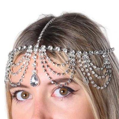 wekicici Boho Rhinestone Head Chain Wedding Crystal Tassel Forehead Headpiece Indian Festival Costume Accessories for Women Halloween (Gold)