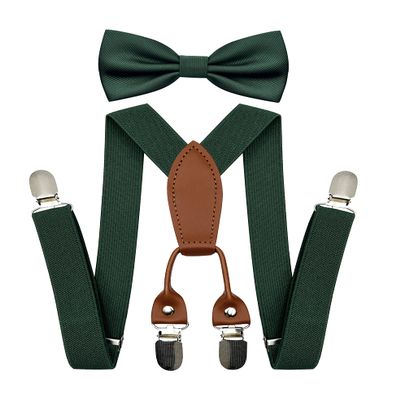BEWDIO Dark Green Bow Tie and Suspenders Set for Baby Boys, Bowtie and Suspenders with 4 Strong Metal Clips (4-06-1)