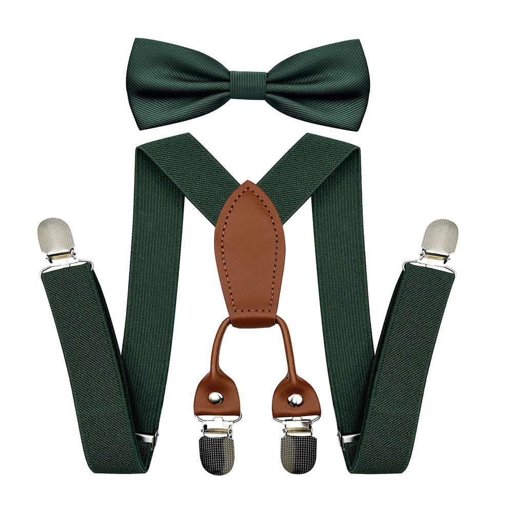 BEWDIO Dark Green Bow Tie and Suspenders Set for Baby Boys, Bowtie and Suspenders with 4 Strong Metal Clips (4-06-1)