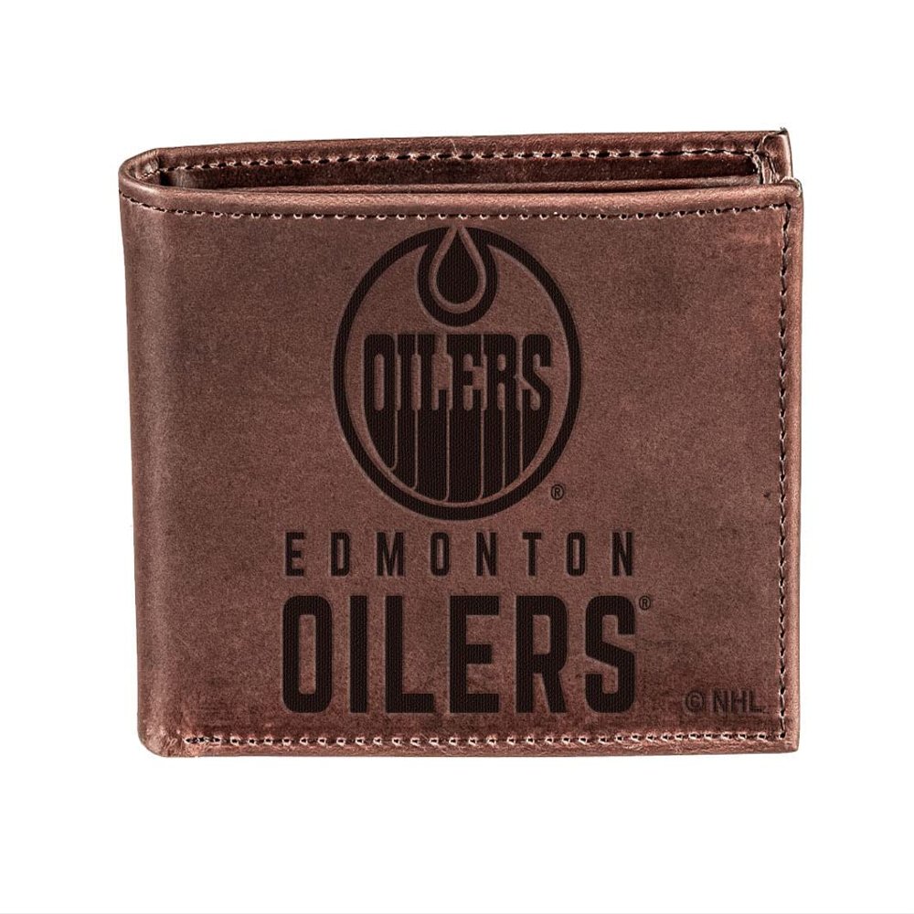 Team Sports America NHL Edmonton Oilers Brown Wallet | Bi-Fold | Officially Licensed Stamped Logo | Made of Leather | Money and Card Organizer | Gift Box Included