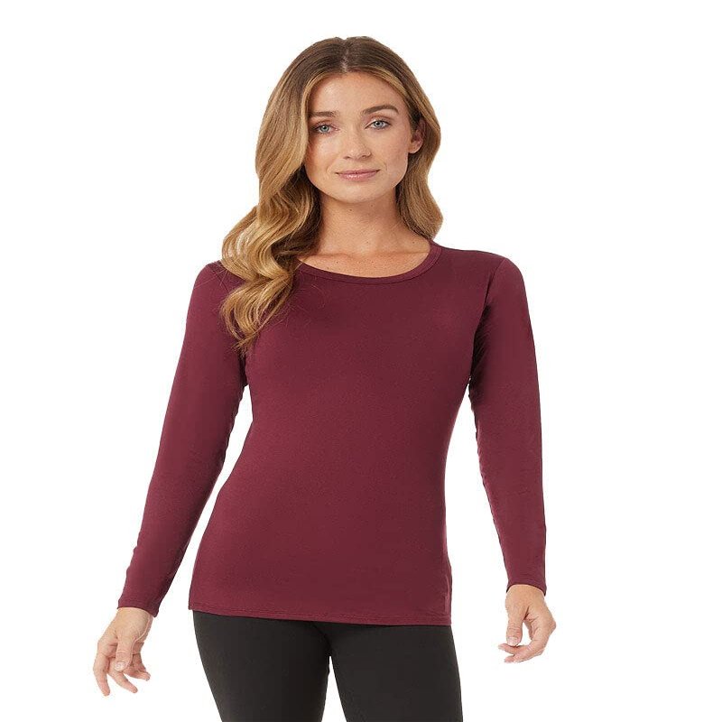 32 Degrees Women's Lightweight Baselayer Crew Top | Long Sleeve | Form Fitting | 4-Way Stretch | Thermal, Maroonish, Large