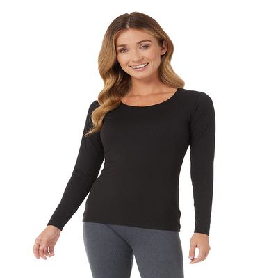 32 Degrees Women's Lightweight Baselayer Scoop Top | Long Sleeve | Form Fitting | 4-Way Stretch | Thermal, Black, Large