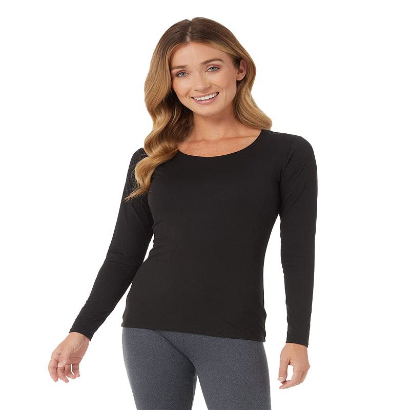 32 Degrees Women's Lightweight Baselayer Scoop Top | Long Sleeve | Form Fitting | 4-Way Stretch | Thermal, Black, Large