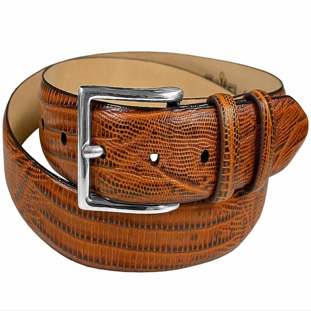 Adam Silver Men's Genuine Italian Calfskin Leather Dress Belt 1-1/8"(30mm) Wide Polished Buckle (Lizard Tan, 48)