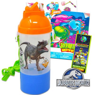 Beach Kids Jurassic World Water Bottle for Boys - Bundle with Jurassic World Rock N Sip N Snack Water Canteen, Tattoos, More | Jurassic World Reusable Sports Bottle