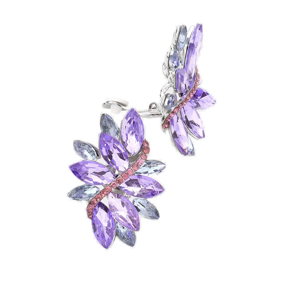 Rosemarie Collections Women's Dazzling Crystal Marquis Leaf Cluster Statement Clip On Earrings, 1.87" (Lavender Purple With Rose Pink Crystal Silver Tone)
