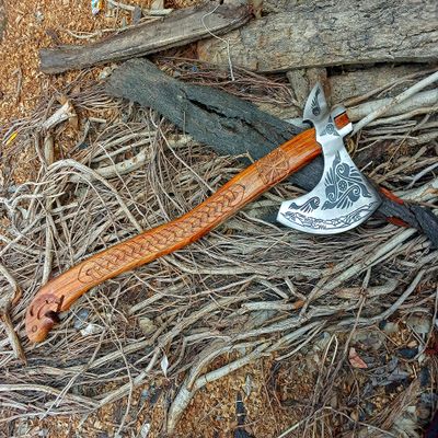 Viking Axe, Handmade Hatchet, Camping Hatchet, Tomahawk, Bearded Axe, Damascus Steel Head with Leather Sheath