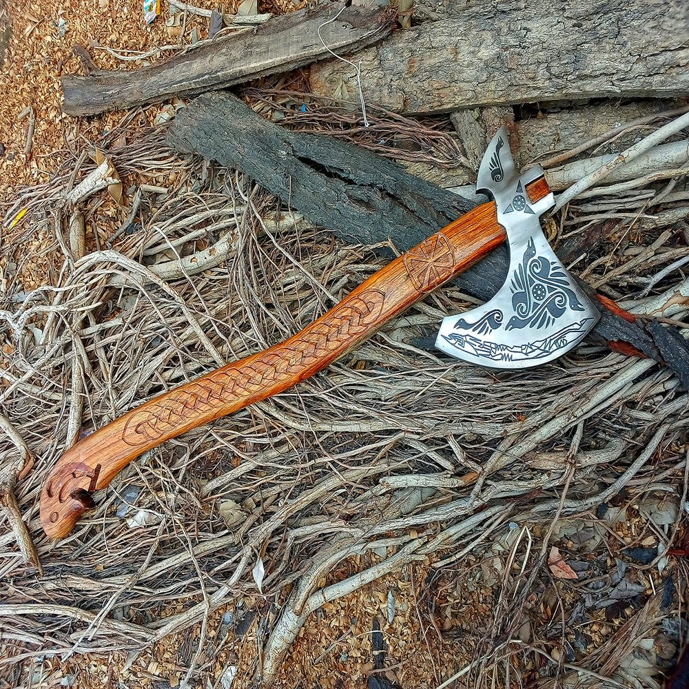 Viking Axe, Handmade Hatchet, Camping Hatchet, Tomahawk, Bearded Axe, Damascus Steel Head with Leather Sheath