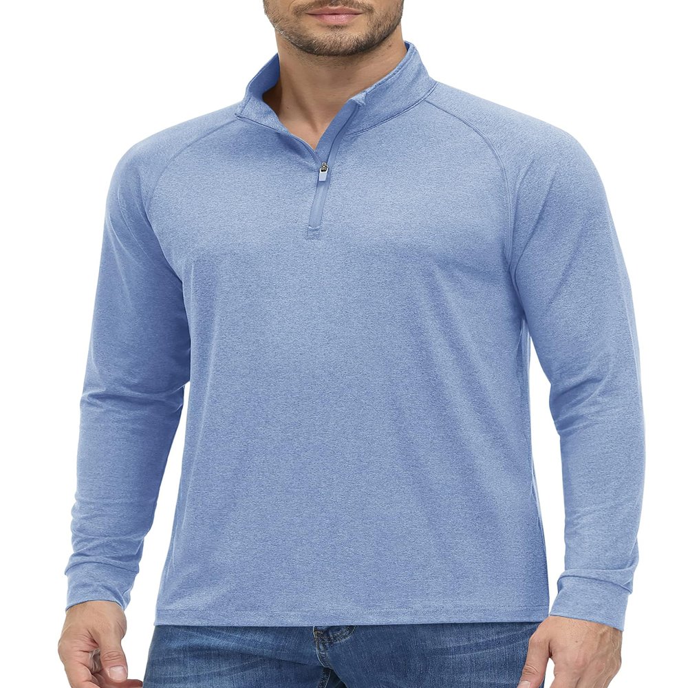 MAGCOMSEN 1/4 Zipper Pullover Men Half Zip Pullover Men Lightweight Quick Dry Long Sleeve SPF Shirt Tops Light Blue,M