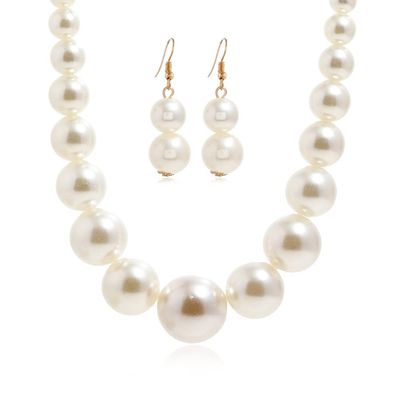 Fuqimanman2020 Chunky Large Simulated Pearl Choker Necklace Drop Dangle Earrings Crystal Bib Big Round Beaded Strand Multicolor Costume Statement Wedding Jewelry Set for Women Brides-Beige