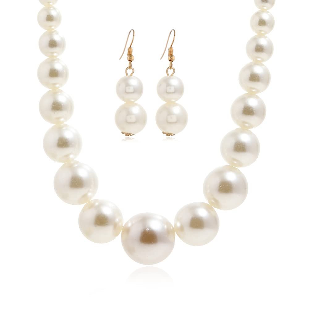Fuqimanman2020 Chunky Large Simulated Pearl Choker Necklace Drop Dangle Earrings Crystal Bib Big Round Beaded Strand Multicolor Costume Statement Wedding Jewelry Set for Women Brides-Beige