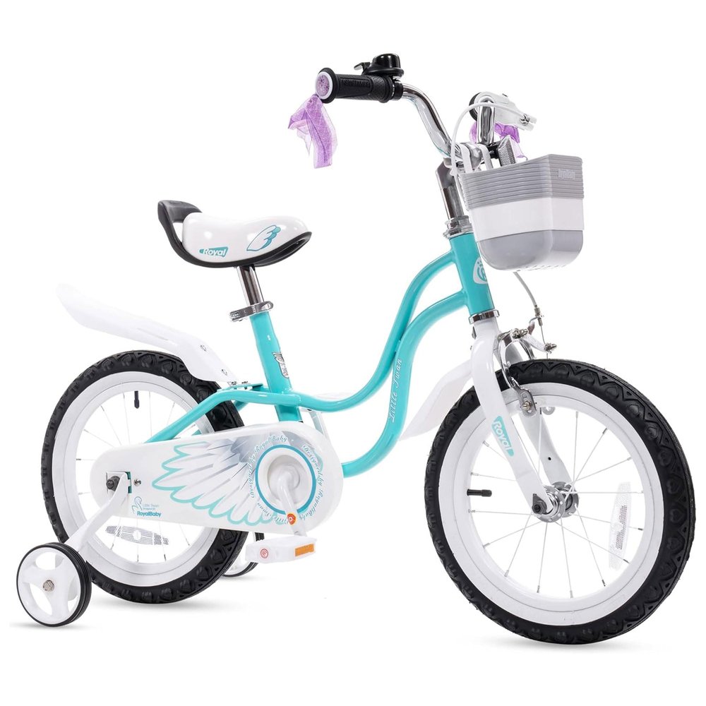 RoyalBaby Princess Girl Children's Bicycle Outdoor Ride-On Bike with Training Wheels, Kickstand, Adjustable Seat, and Basket, 16 Inch, Swan/Lake Blue