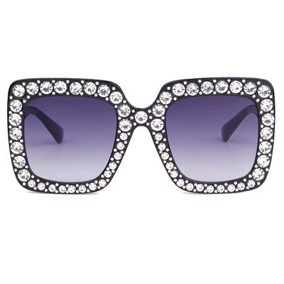 ADE WU Retro Oversized Square Rhinestone Sunglasses Thick Square Frame Sun Glasses Shades (Black Frame Fade Lens)