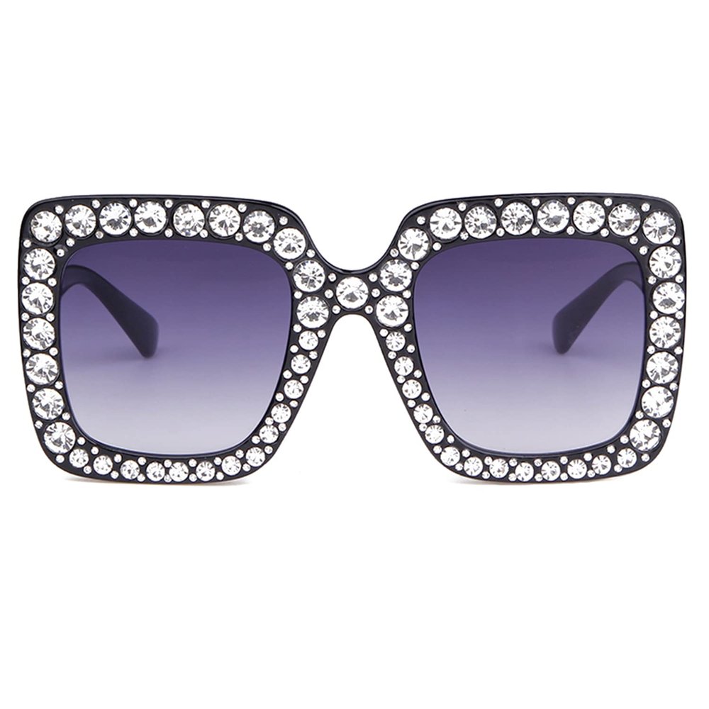 ADE WU Retro Oversized Square Rhinestone Sunglasses Thick Square Frame Sun Glasses Shades (Black Frame Fade Lens)