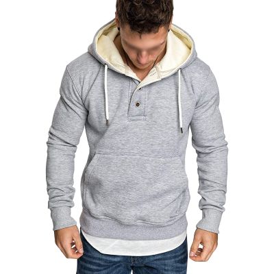 Maiyifu-GJ Men's Solid Color Sport Fleece Hoodie Casual Long Sleeve Henley Sweatshirt Slim Hooded Pullover with Kanga Pocket (Light Grey,Medium)