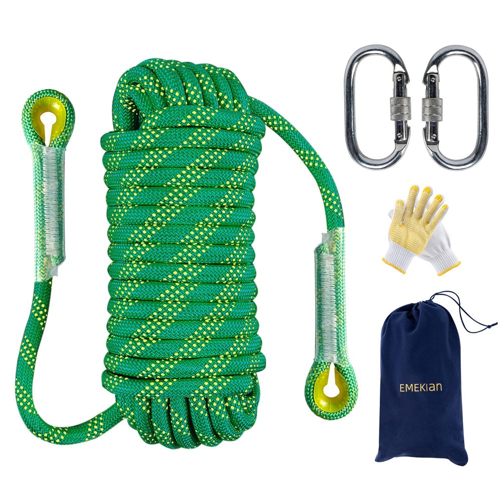 EMEKIAN Indoor Outdoor Climbing Rope, Static Rock Climbing Rope for Escape Rope, Ice Climbing Equipment, Fire Safety Rescue Rope, with Non Slip Gloves (Green, 10mm/98ft)
