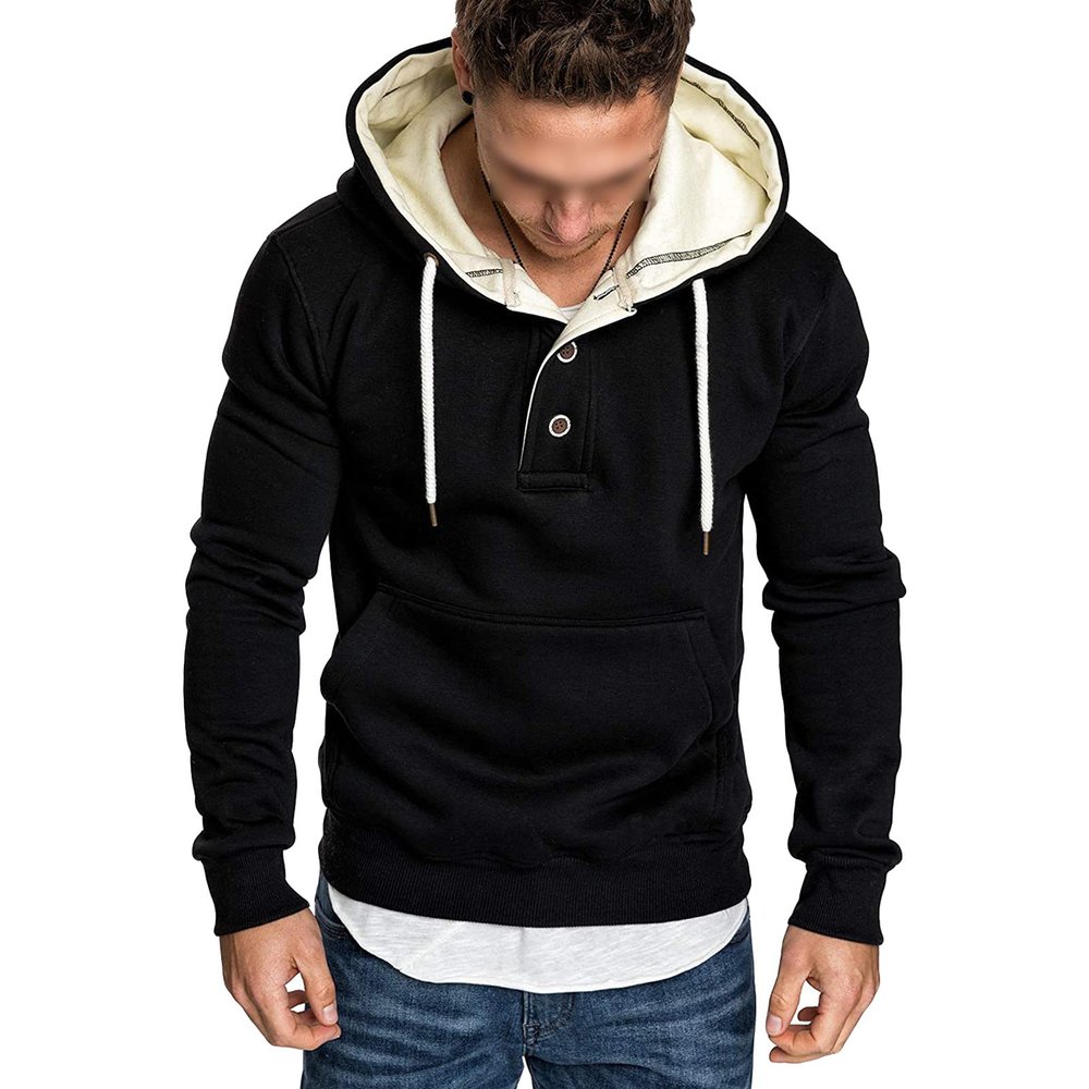 Maiyifu-GJ Men's Solid Color Sport Fleece Hoodie Casual Long Sleeve Henley Sweatshirt Slim Hooded Pullover With Kanga Pocket (Black,3X-Large)