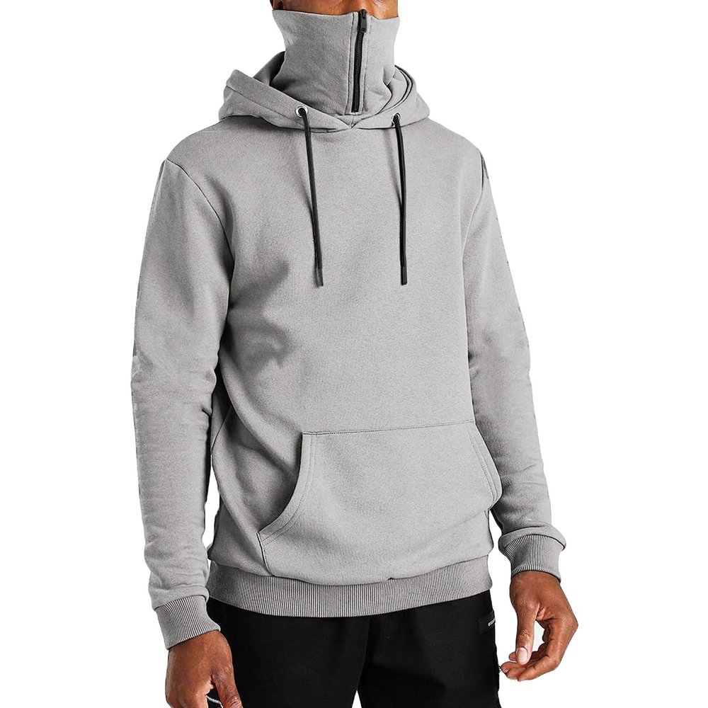 Men's Solid Color Sport Fleece Hoodie Casual Long Sleeve Fishing Sweatshirt Fall Winter Hooded Pullover with Mask (Light Grey,XX-Large)