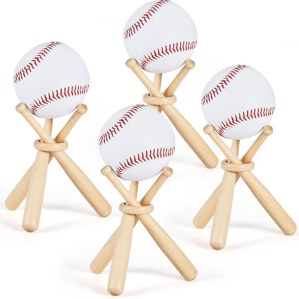 Maitys 8 Sets Baseball Stand Holder for Display Wooden Baseball Holder Stand Mini Sports Balls Bats Display Centerpieces Table Decorations Accessories for Friends Sports Lover Gifts