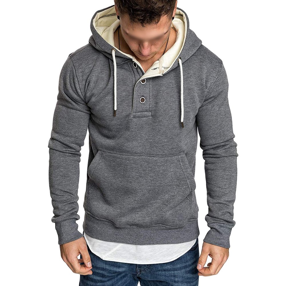 Maiyifu-GJ Men's Solid Color Sport Fleece Hoodie Casual Long Sleeve Henley Sweatshirt Slim Hooded Pullover with Kanga Pocket (Dark Grey,XX-Large)