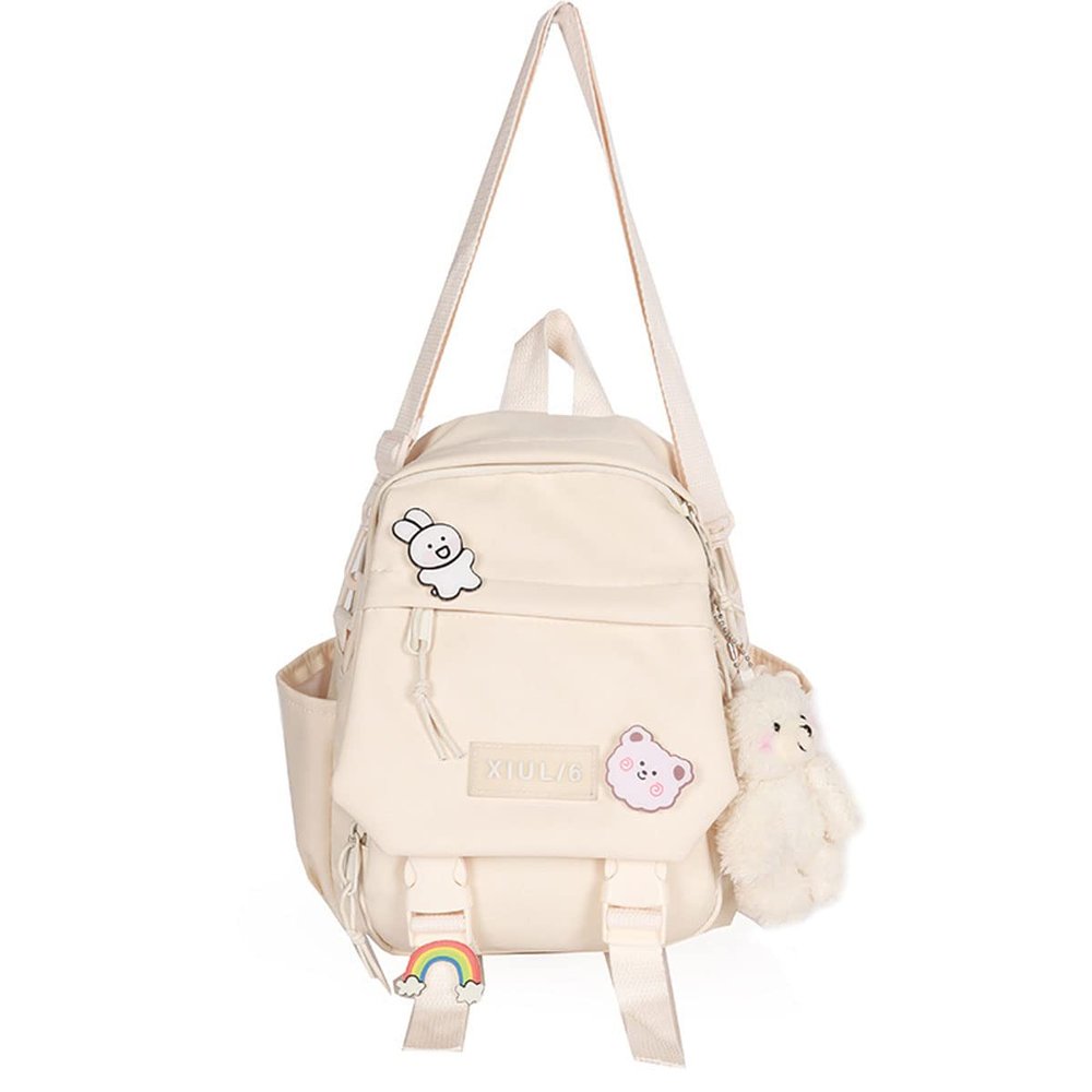 Eagerrich Cute Mini Backpack with Cute Pin Accessories Plush Pendant for School (White)