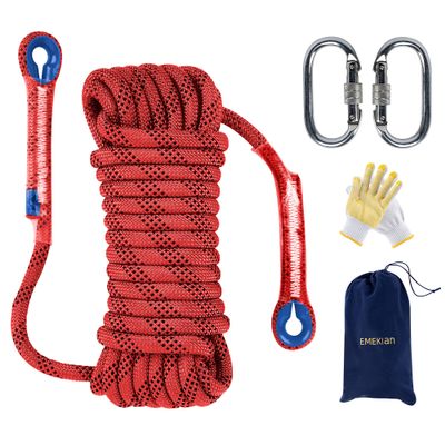 EMEKIAN 12 mm Red Indoor Outdoor Climbing Rope, 20 M (65 ft) Static Rock Climbing Rope for Escape Rope, Ice Climbing Equipment, Fire Safety Rescue Rope, with Non Slip Gloves