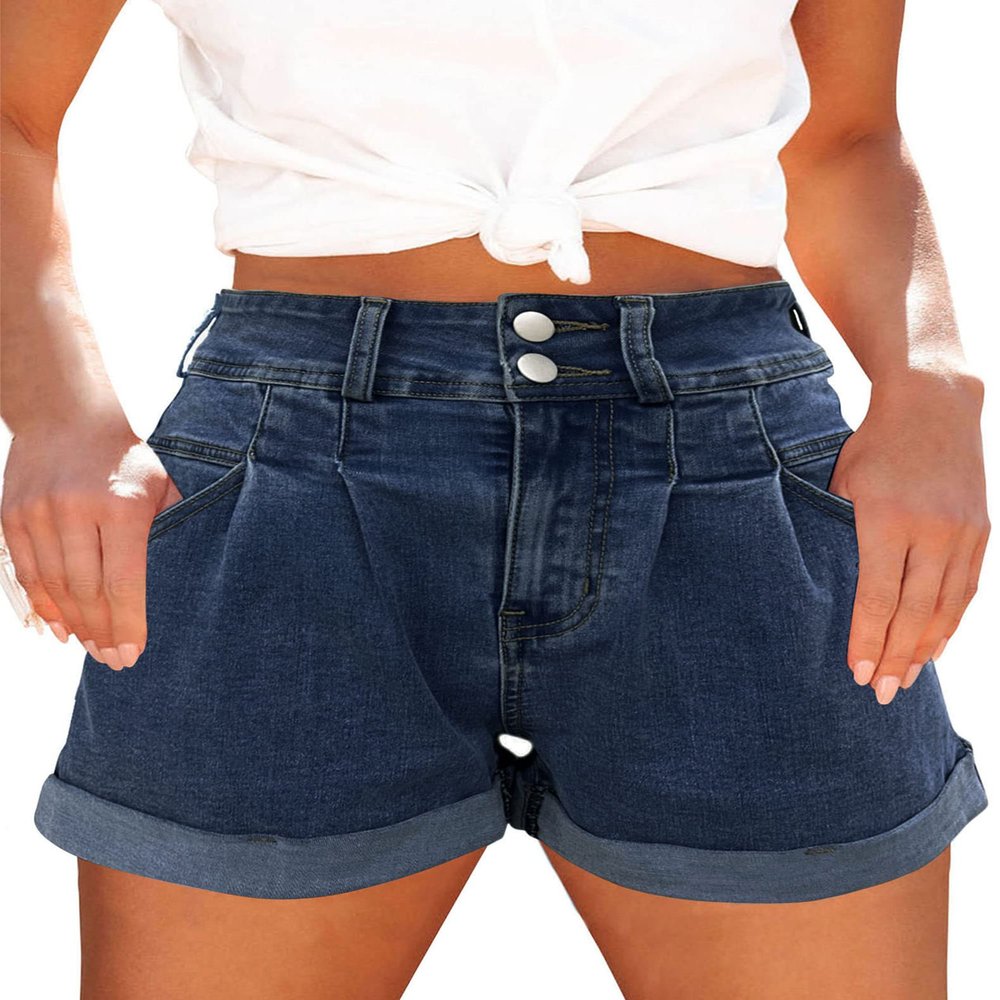 Hilltichu Womens Relaxed Fit Casual High Waist Pocketed Denim Shorts (Denim-Blue,XX-Large,Adult,Female,US,Alpha,XX-Large,Regular,Regular)