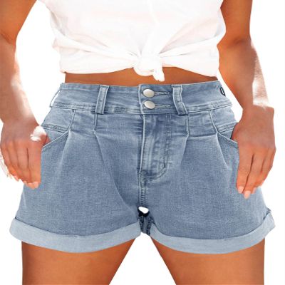 Hilltichu Womens Relaxed Fit Casual High Waist Pocketed Denim Shorts (Denim-Light Blue,Medium,Adult,Female,US,Alpha,Medium,Regular,Regular)