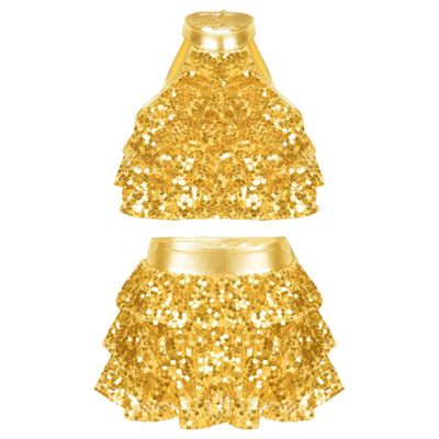 Loloda Girls Shiny Backless Latin Jazz Salsa Ballet Dance Dress Kids Crop Top with Tassel Tutu Skirt Dancewear Costume Gold 13-14 Years