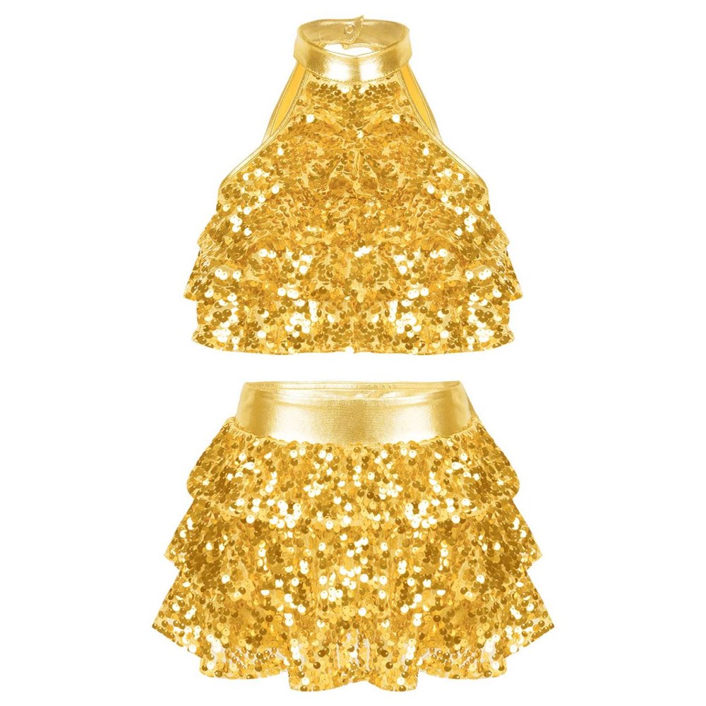 Loloda Girls Shiny Backless Latin Jazz Salsa Ballet Dance Dress Kids Crop Top with Tassel Tutu Skirt Dancewear Costume Gold 13-14 Years