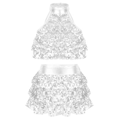 Loloda Girls Shiny Backless Latin Jazz Salsa Ballet Dance Dress Kids Crop Top with Tassel Tutu Skirt Dancewear Costume Silver 13-14 Years
