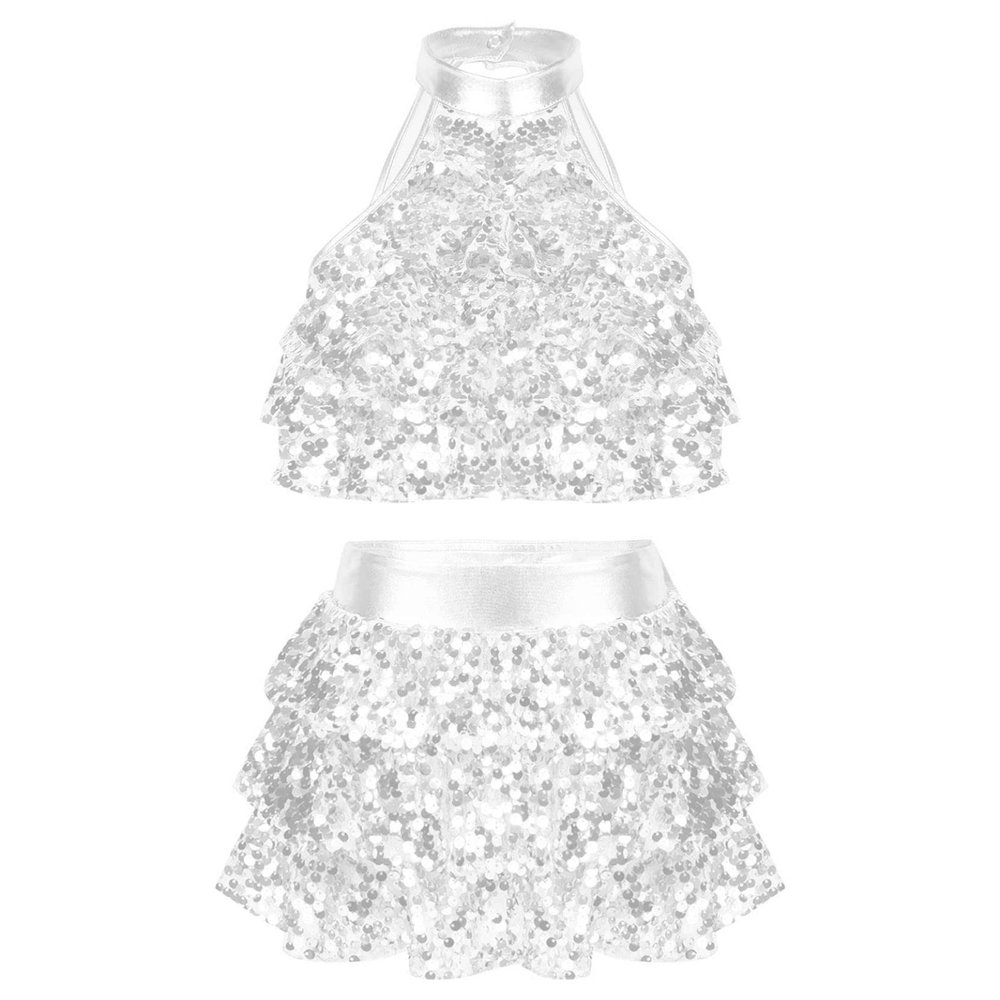 Loloda Girls Shiny Backless Latin Jazz Salsa Ballet Dance Dress Kids Crop Top with Tassel Tutu Skirt Dancewear Costume Silver 13-14 Years