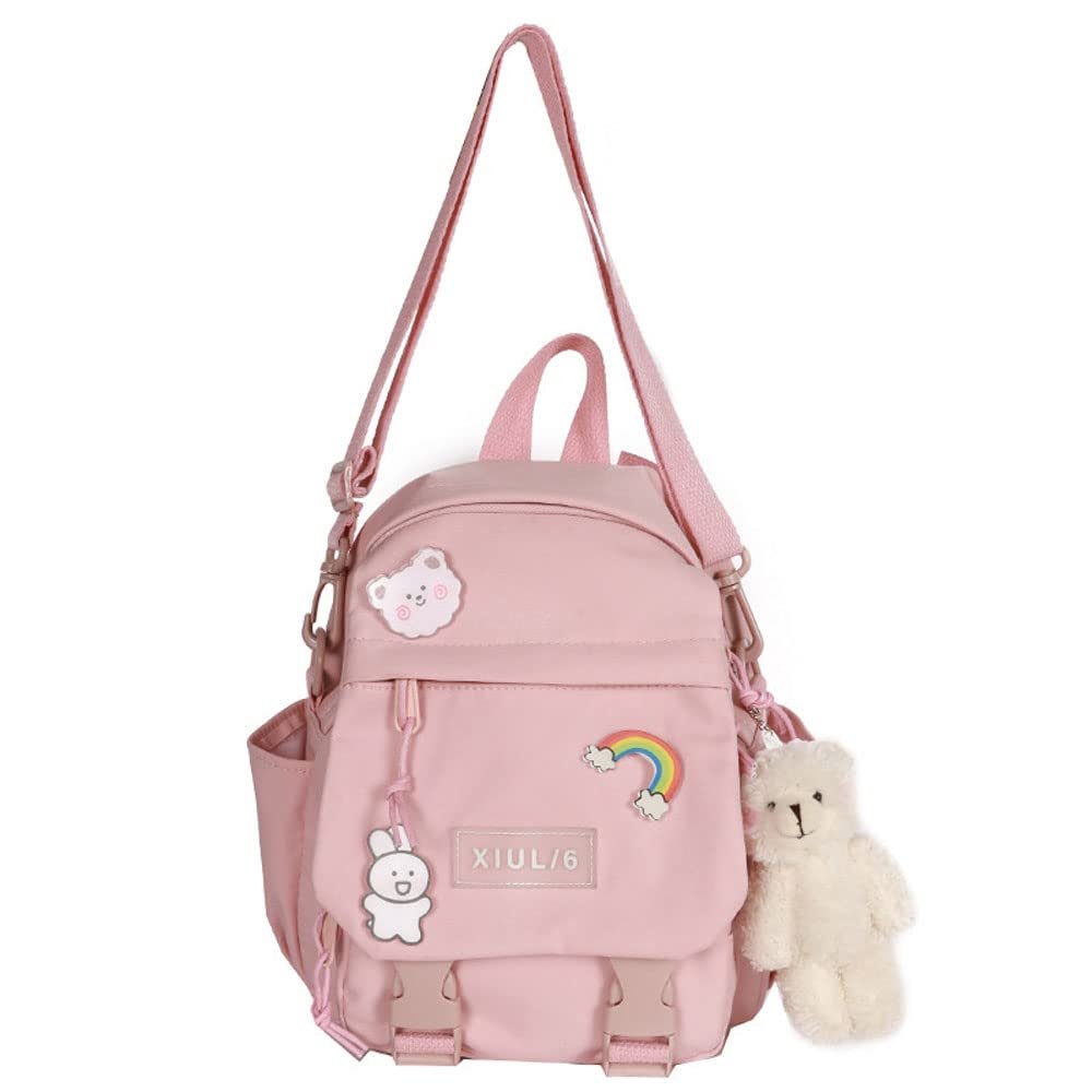 Eagerrich Pink-2 5L Mini Backpack with Cute Pin Accessories - Perfect for School, Gym, Library, Travel, Hiking, Party, Camping - Bottle Holder, Zipper, Nylon, 10.5X9X5 inches