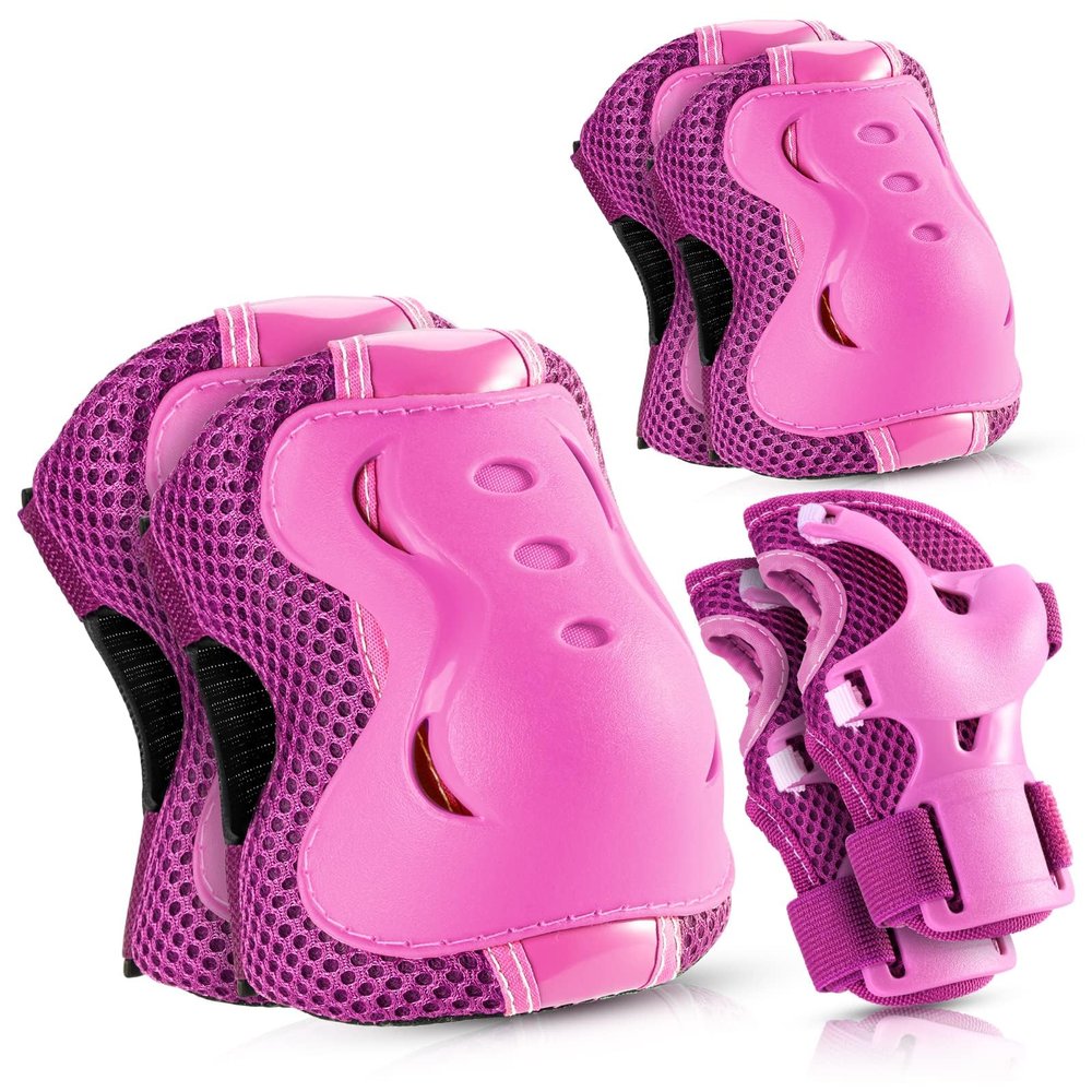 BOSONER Knee Pads for Kids Roller-Skating - Adjustable Protective Gear Set Knee Elbow Pads Wrist Guards for Bike Cycling Skateboarding Scooter Gifts 3-8/9-15 Years Boys Girls (Pink)