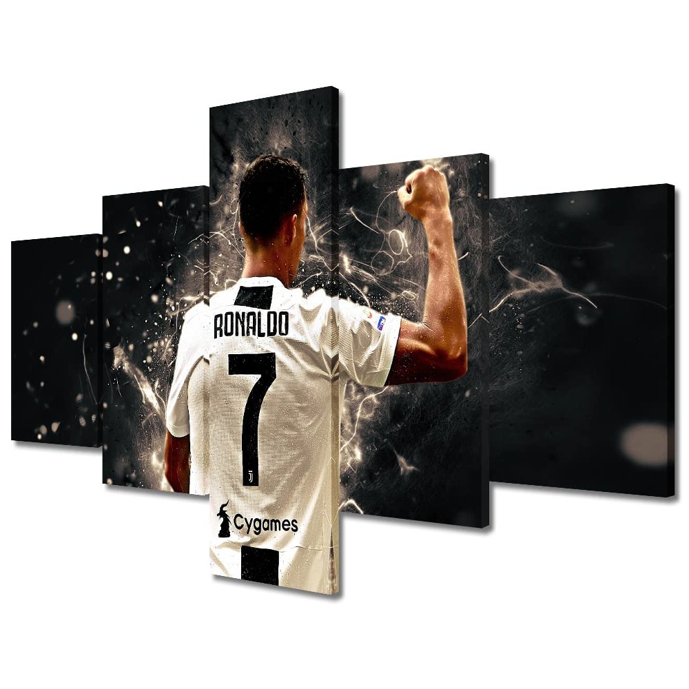 Canvas Wall Art Football Star Paintings Cristiano Ronaldo CR7 Poster 5 Pieces Canvas Wall Art for Bedroom Living Room Decor Canvas Prints Artwork Office Decorations Framed Ready to Hang 50x24 in