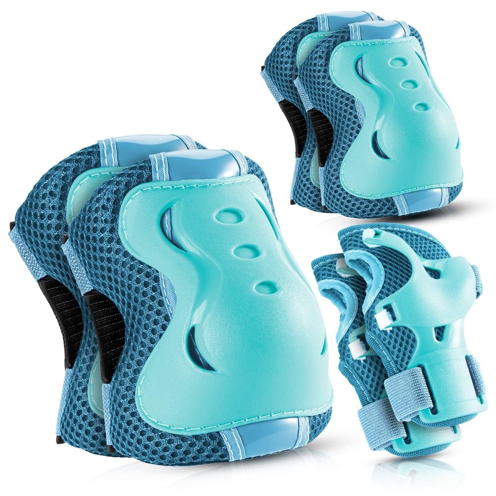 BOSONER Knee Pads for Kids Roller-Skating - Adjustable Protective Gear Set Knee Elbow Pads Wrist Guards for Bike Cycling Skateboarding Scooter Gifts 3-8/9-15 Years Boys Girls(Blue)